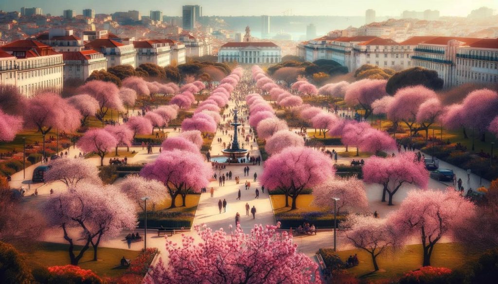 Peaceful and picturesque scene set in Lisbon's Parque Eduardo VII during March. The focal point is the spectacular bloom of over 15,000 pink almond