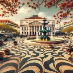 captures the vibrant and historic atmosphere of Rossio Square in Lisbon during March. The square is bustling with activity, framed by the gr