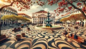 captures the vibrant and historic atmosphere of Rossio Square in Lisbon during March. The square is bustling with activity, framed by the gr