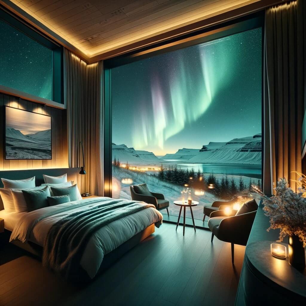 cozy, luxurious hotel room with large glass windows offering a panoramic view of the Northern Lights in Iceland. The room is elegantly furnished wit