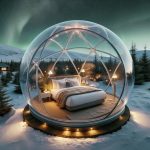 elegant, bubble-shaped hotel room nestled in the Icelandic wilderness, ideal for viewing the Northern Lights. The transparent bubble provides a 360