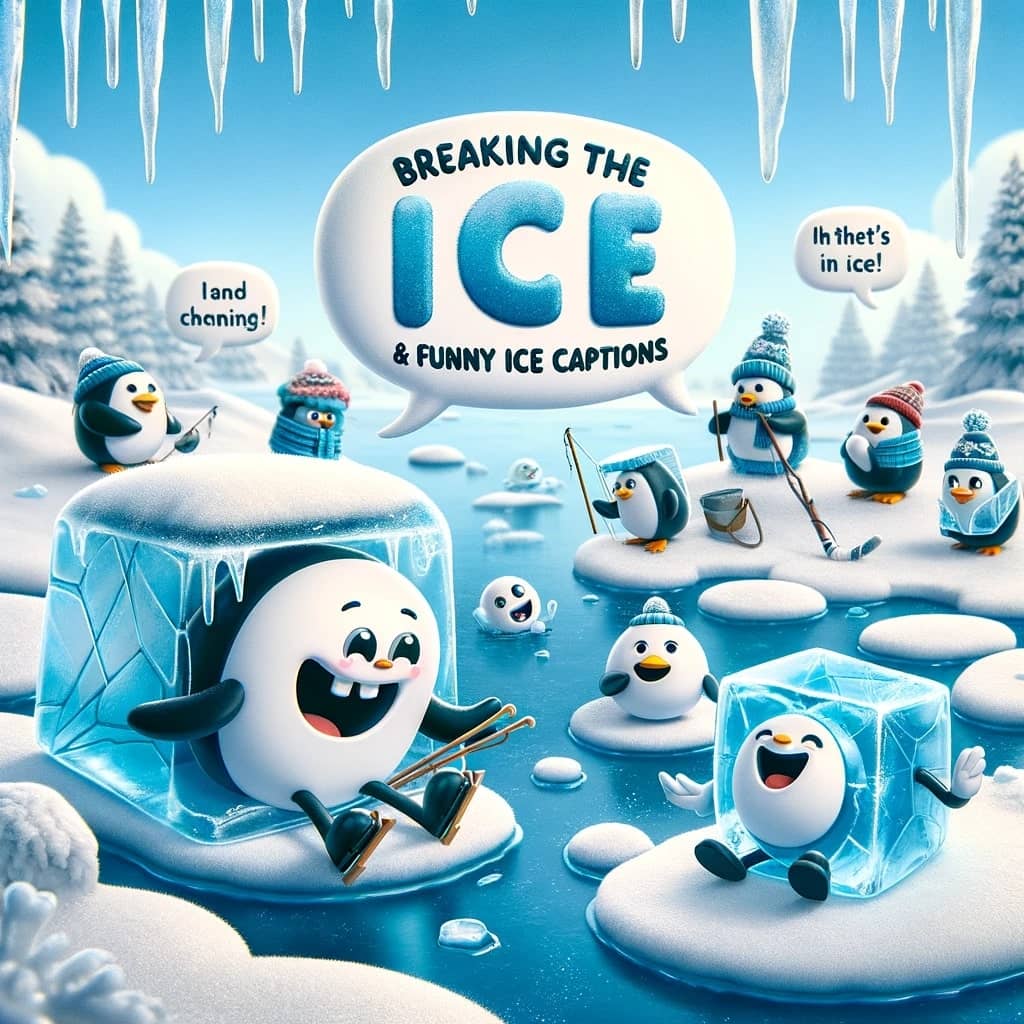 fun and playful image for 'Breaking the Ice Ice Puns & Funny Ice Captions'. The scene features an icy environment, such as a frozen lake or a winte