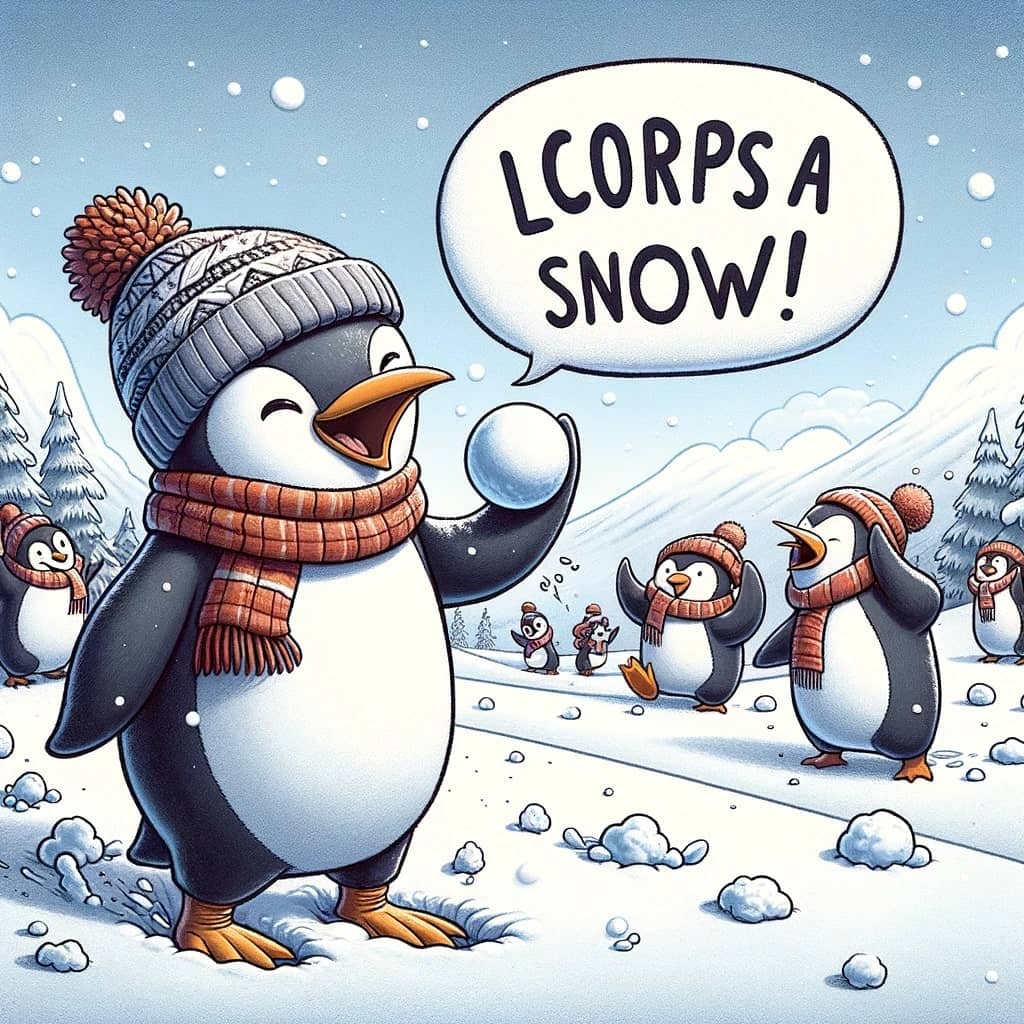 humorous and playful image illustrating a funny winter and snow pun. The scene depicts a snowy landscape with a group of cartoon-style animals engag