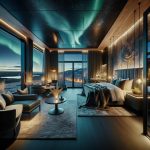 luxurious and contemporary hotel room in Hotel Rangá, Southern Iceland, designed for an optimal Northern Lights experience. The room features sophis