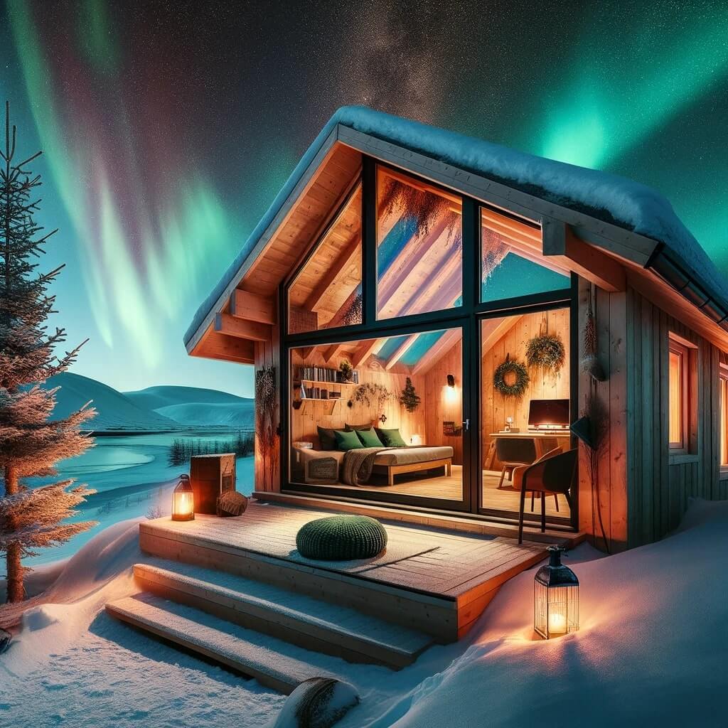 rustic yet modern cabin in Eastern Iceland, designed for Northern Lights viewing. The cabin features a large glass front, through which the vivid Au