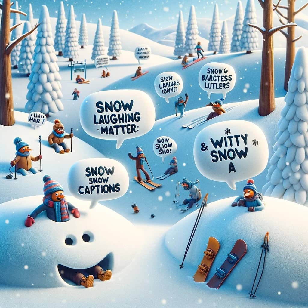 witty and clever illustration for 'Snow Laughing Matter Snow Puns & Witty Snow Captions for Instagram'. This image should capture the essence of sn