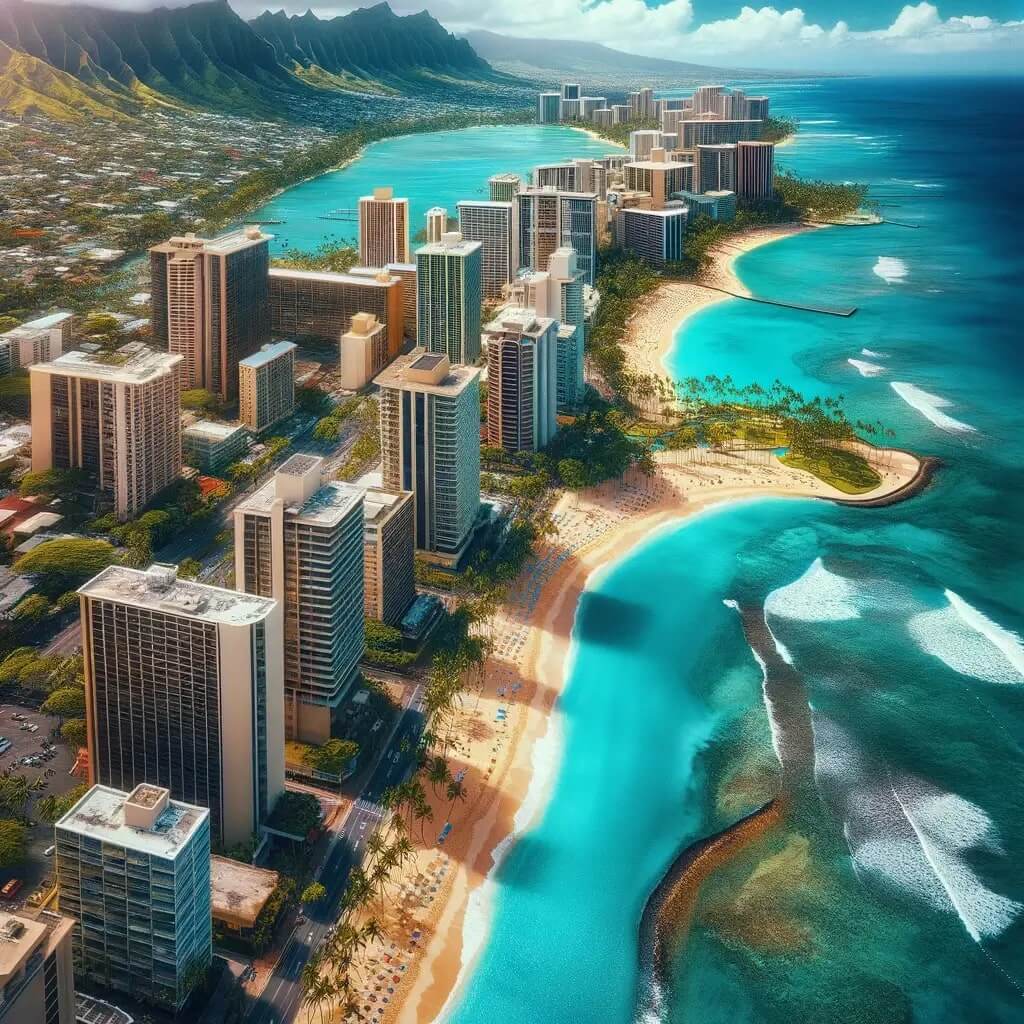 Aerial view of Waikiki Beach in Oahu, Hawaii, featuring high-rise hotels along the shore, clear blue ocean water, and a vibrant tropical ambiance.