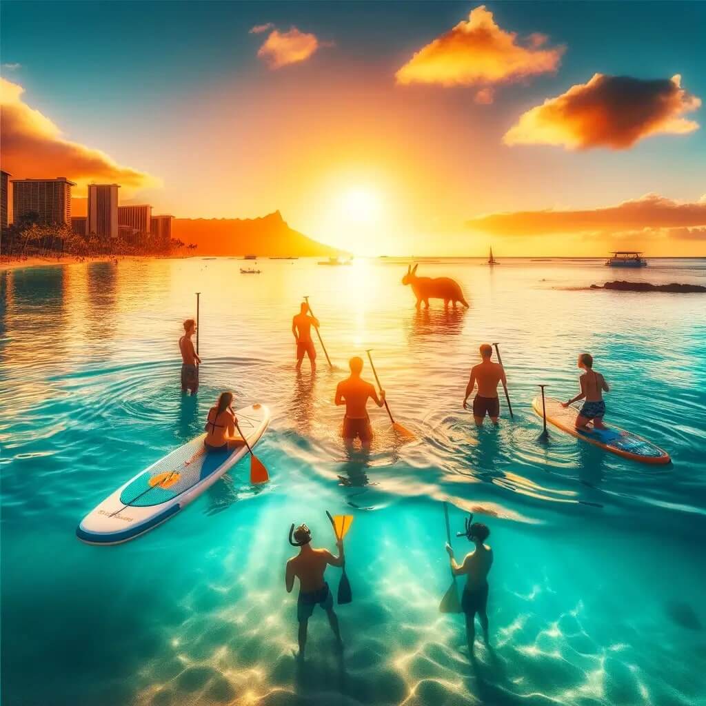 Group of friends enjoying paddle boarding and snorkeling in the turquoise shallow waters off of Kaimana Beach in Waikiki at sunset. The image captures