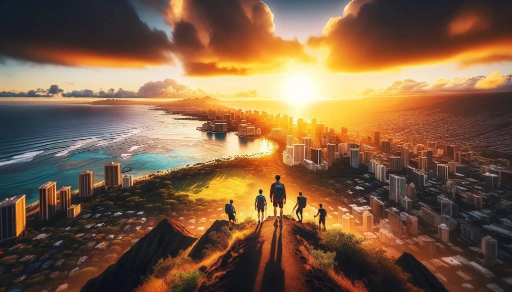 Panoramic landscape view overlooking the Waikiki skyline from the peak of Diamond Head Crater at sunset, with hikers in the foreground. This image cap