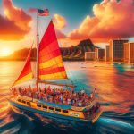 beautiful, vividly colored sunset sailboat cruise scene off the coast of Waikiki with the iconic Diamond Head in the background. The ocean is calm a