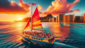 beautiful, vividly colored sunset sailboat cruise scene off the coast of Waikiki with the iconic Diamond Head in the background. The ocean is calm a