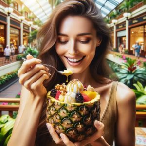 close-up image of a woman enjoying a pineapple bowl filled with dairy-free banana ice cream topped with a variety of fresh fruits, nuts, and drizzle